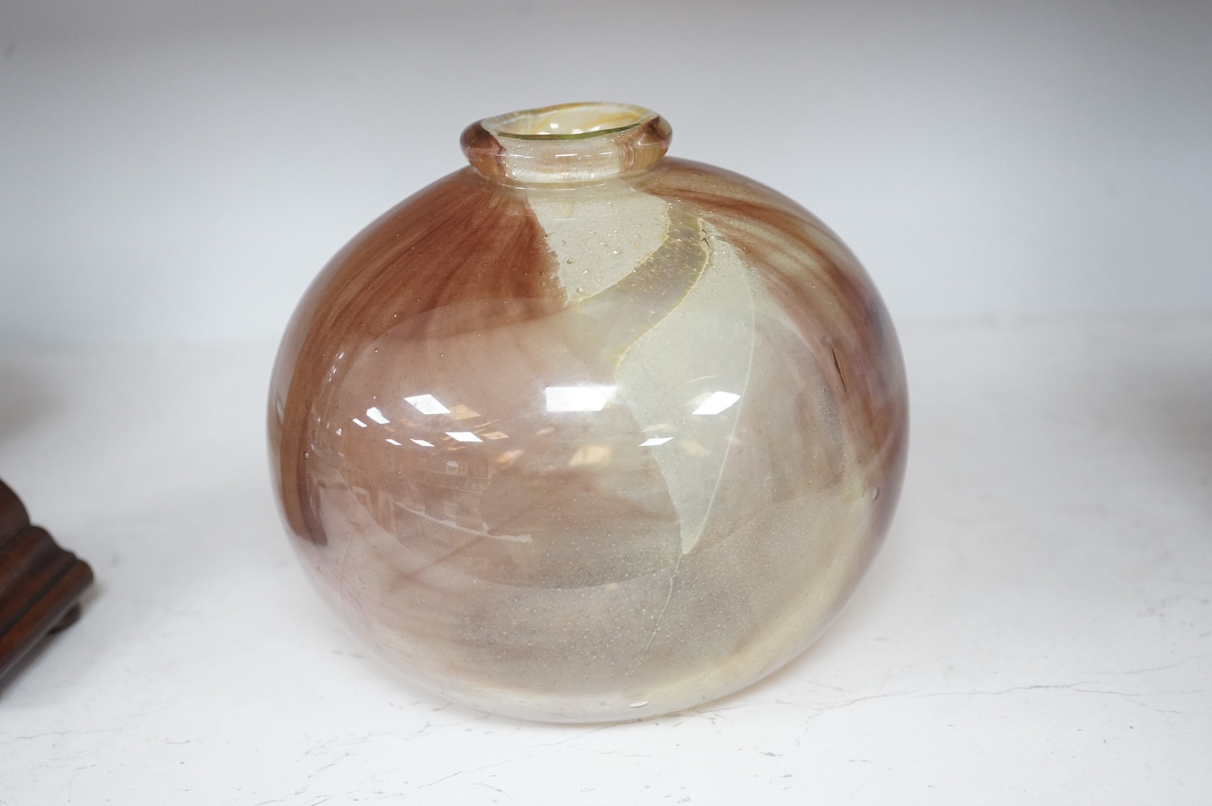 Michael Harris for Mdina - a smoky glass vase of globular form, etched to base ‘Michael Harris, Mdina glass, Malta, E.M.G. M-A. 29 x 69., Robin and Paddy’, 16cm tall. Condition - good